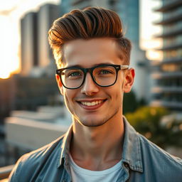 A handsome man with well-groomed hair and a charming smile, wearing stylish eyeglasses, standing confidently in a cityscape during golden hour