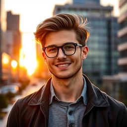 A handsome man with well-groomed hair and a charming smile, wearing stylish eyeglasses, standing confidently in a cityscape during golden hour