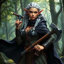 A female elf of the barbarian class, standing at 4'11" tall with striking silver curly hair styled in two side braids