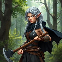 A female elf of the barbarian class, standing at 4'11" tall with striking silver curly hair styled in two side braids