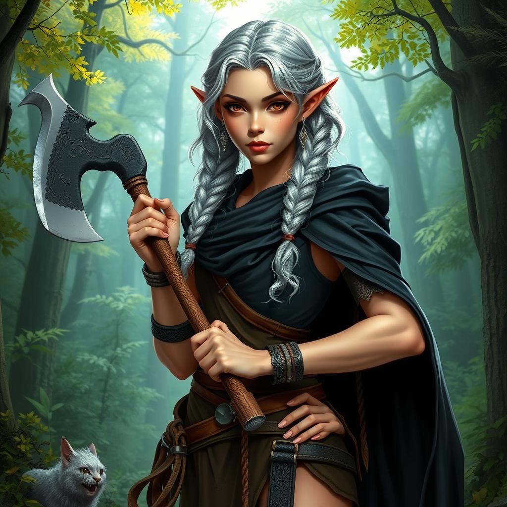A female elf of the barbarian class, standing at 4'11" tall with striking silver curly hair styled in two side braids
