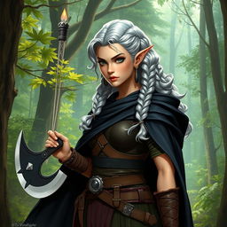 A female elf of the barbarian class, standing at 4'11" tall with striking silver curly hair styled in two side braids