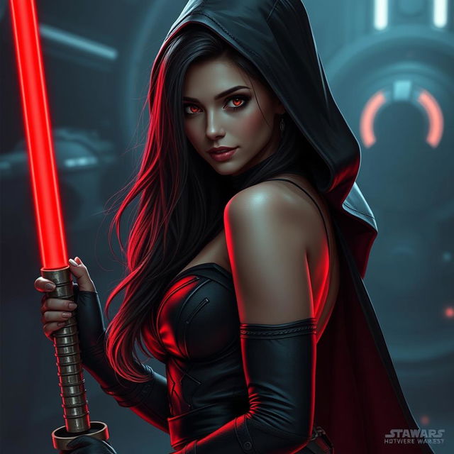 A captivating Sith girl with alluring features, dressed in a form-fitting, dark attire that accentuates her curves