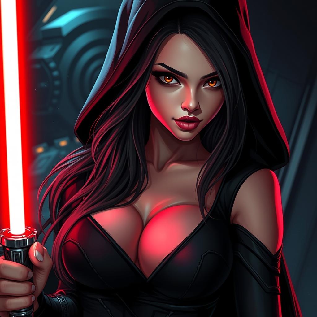 A captivating Sith girl with alluring features, dressed in a form-fitting, dark attire that accentuates her curves