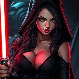 A captivating Sith girl with alluring features, dressed in a form-fitting, dark attire that accentuates her curves