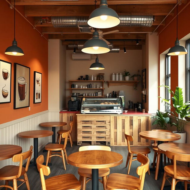 A budget-friendly classic coffee shop interior design, about 20 meters in length