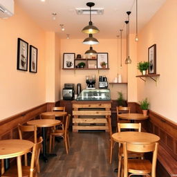 A budget-friendly classic coffee shop interior design, about 20 meters in length