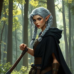 A female elf barbarian, standing at 4'11" with striking silver curly hair styled in two side braids
