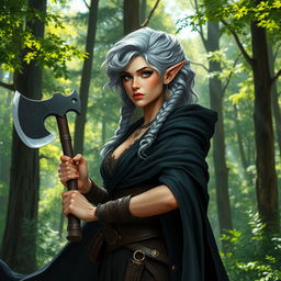 A female elf barbarian, standing at 4'11" with striking silver curly hair styled in two side braids