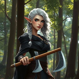 A female elf barbarian, standing at 4'11" with striking silver curly hair styled in two side braids