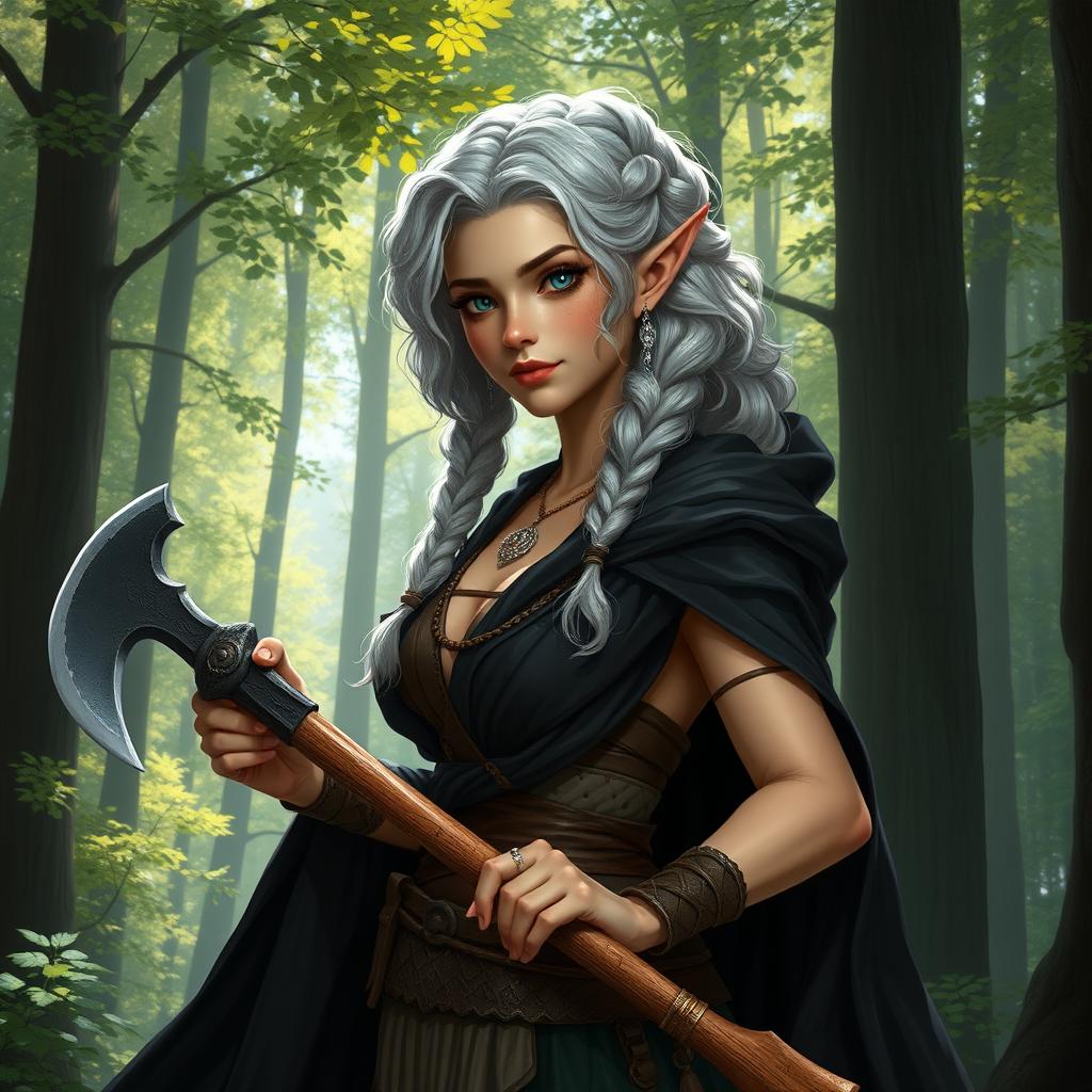 A female elf barbarian, standing at 4'11" with striking silver curly hair styled in two side braids