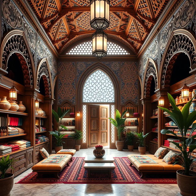 A classic Arabic-inspired retail store interior design, spanning approximately 20 meters