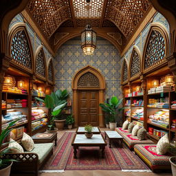 A classic Arabic-inspired retail store interior design, spanning approximately 20 meters