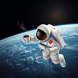 An astronaut in a space suit floating in the vastness of space, holding a cup of coffee in one hand