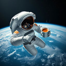 An astronaut in a space suit floating in the vastness of space, holding a cup of coffee in one hand