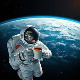 An astronaut in a space suit floating in the vastness of space, holding a cup of coffee in one hand