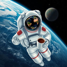 An astronaut in a space suit floating in the vastness of space, holding a cup of coffee in one hand