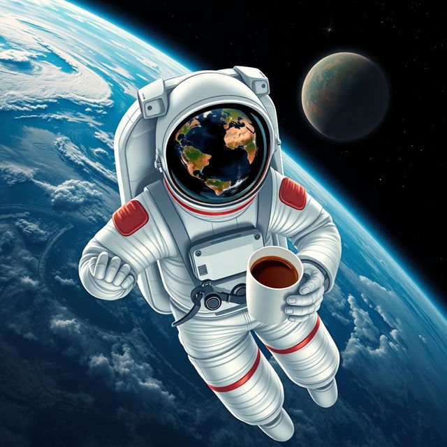 An astronaut in a space suit floating in the vastness of space, holding a cup of coffee in one hand