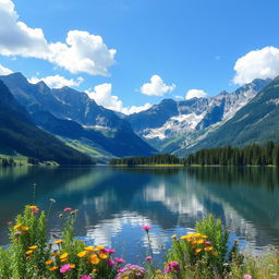 A beautifully serene landscape featuring a calm lake surrounded by majestic mountains under a clear blue sky