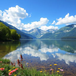 A beautifully serene landscape featuring a calm lake surrounded by majestic mountains under a clear blue sky