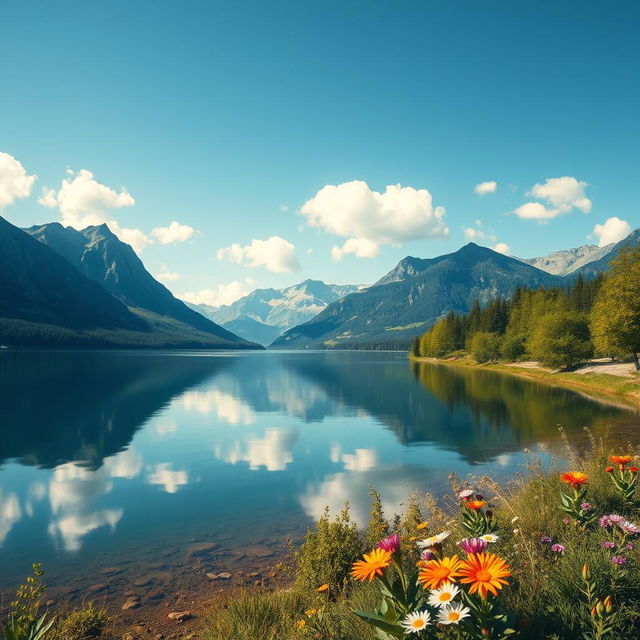 A beautifully serene landscape featuring a calm lake surrounded by majestic mountains under a clear blue sky