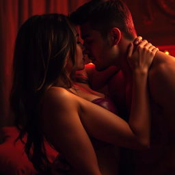 A provocative and sensual scene featuring an adult couple in a dimly lit, intimate setting