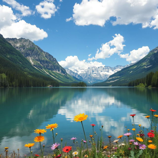 A beautifully serene landscape featuring a calm lake surrounded by majestic mountains under a clear blue sky