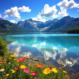 A beautifully serene landscape featuring a calm lake surrounded by majestic mountains under a clear blue sky