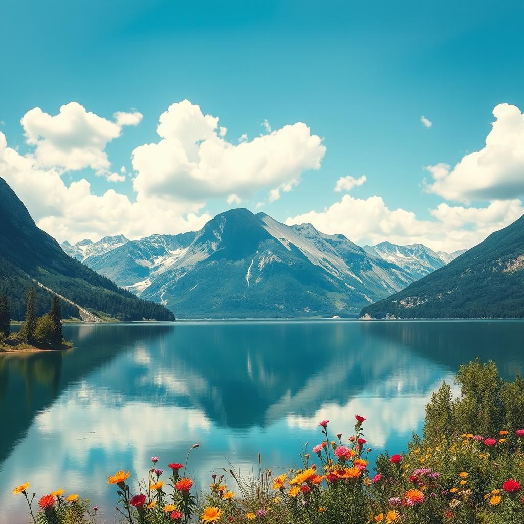 A beautifully serene landscape featuring a calm lake surrounded by majestic mountains under a clear blue sky