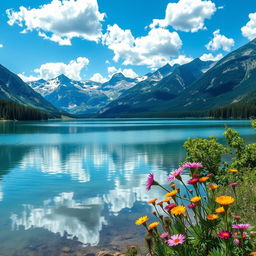 A beautifully serene landscape featuring a calm lake surrounded by majestic mountains under a clear blue sky