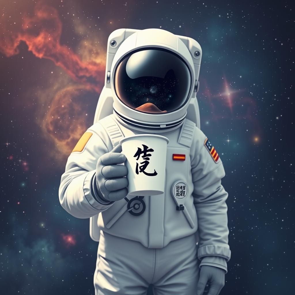 An astronaut standing in a starry space background holding a coffee cup