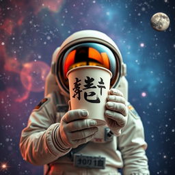 An astronaut standing in a starry space background holding a coffee cup