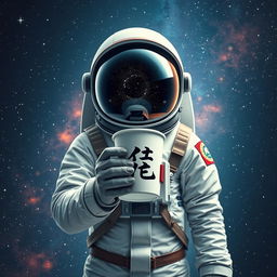 An astronaut standing in a starry space background holding a coffee cup
