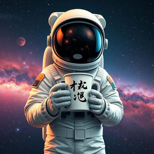 An astronaut standing in a starry space background holding a coffee cup