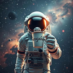 An astronaut standing in the vastness of space, holding a coffee cup with the word 'farajahan' beautifully written on it