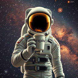 An astronaut standing in the vastness of space, holding a coffee cup with the word 'farajahan' beautifully written on it