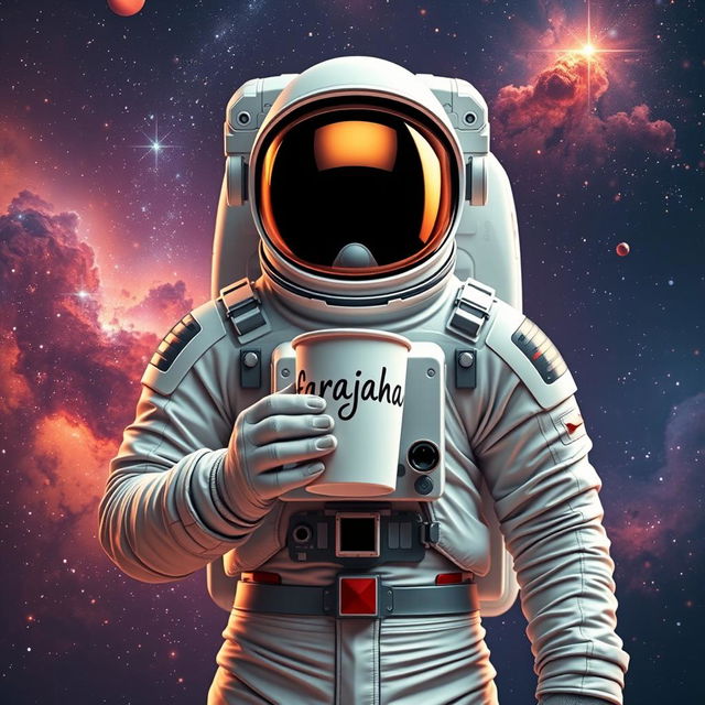 An astronaut standing in the vastness of space, holding a coffee cup with the word 'farajahan' beautifully written on it