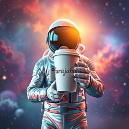 A futuristic astronaut standing in a vibrant cosmic scene, holding a coffee cup