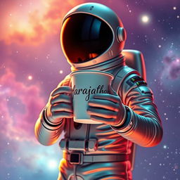A futuristic astronaut standing in a vibrant cosmic scene, holding a coffee cup