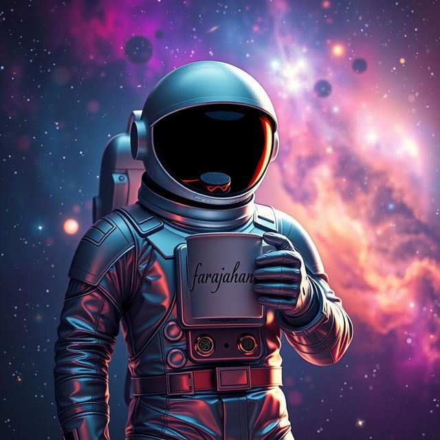 A futuristic astronaut standing in a vibrant cosmic scene, holding a coffee cup