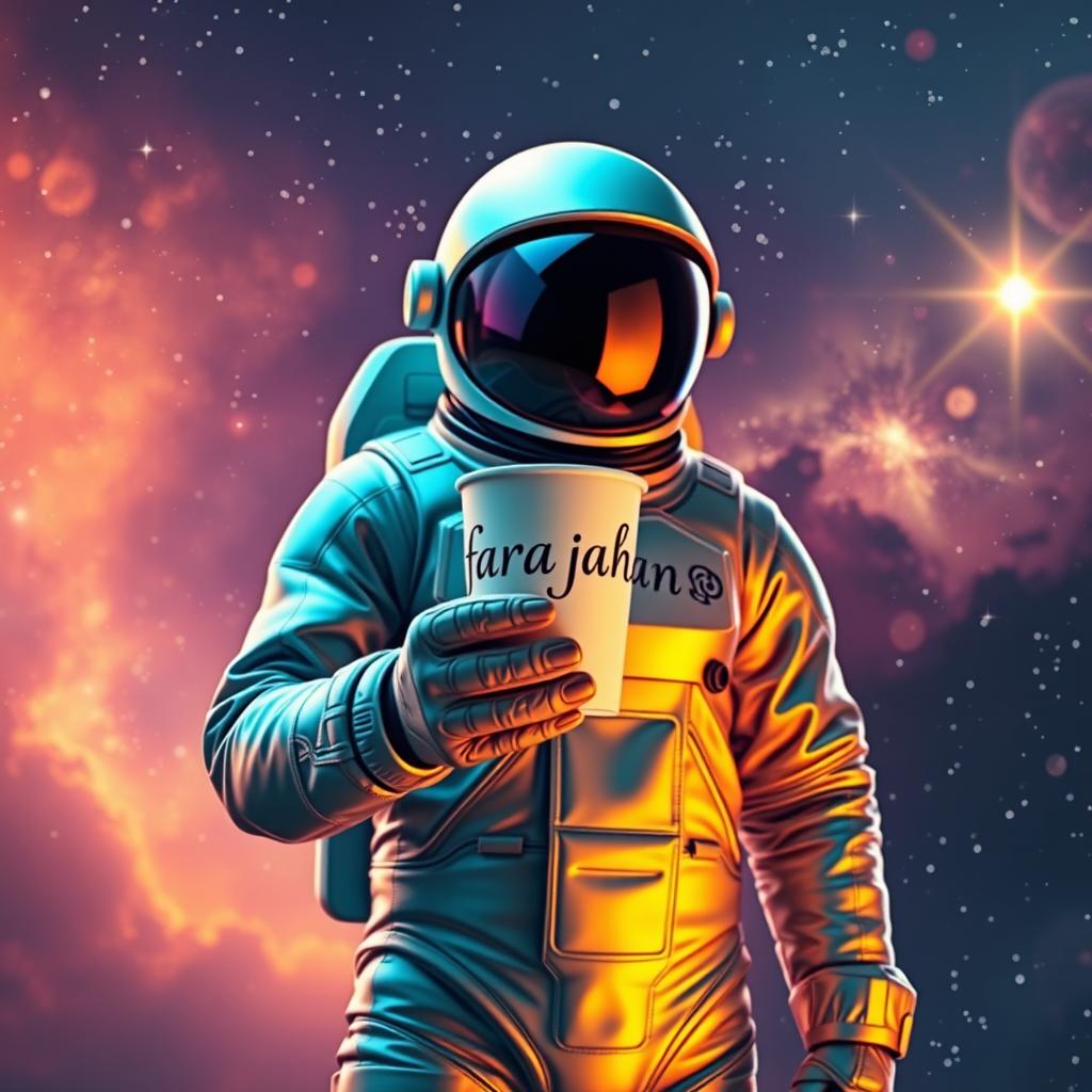 A futuristic astronaut standing in a vibrant cosmic scene, holding a coffee cup