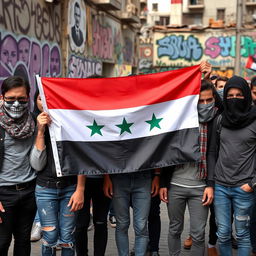 A group of young activists, holding the Syrian revolution flag prominently, their faces obscured by various artistic masks or scarves, creating a sense of mystery and unity