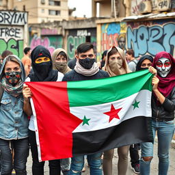 A group of young activists, holding the Syrian revolution flag prominently, their faces obscured by various artistic masks or scarves, creating a sense of mystery and unity