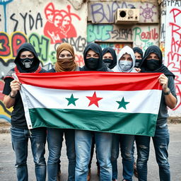 A group of young activists, holding the Syrian revolution flag prominently, their faces obscured by various artistic masks or scarves, creating a sense of mystery and unity