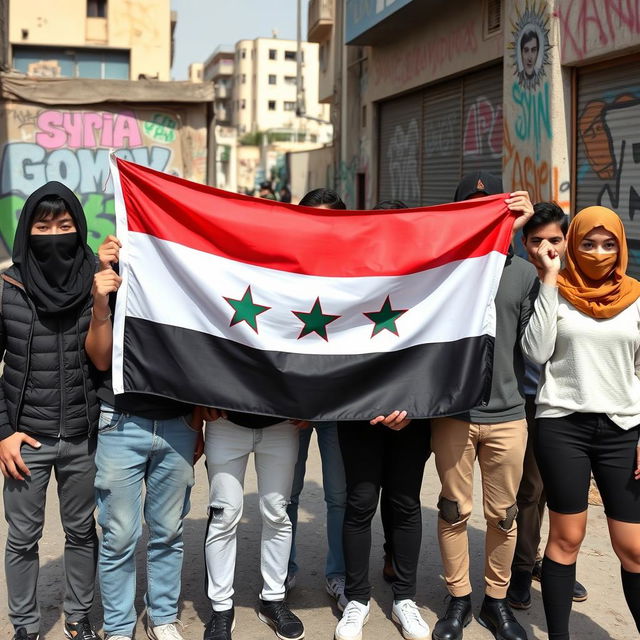 A group of young activists, holding the Syrian revolution flag prominently, their faces obscured by various artistic masks or scarves, creating a sense of mystery and unity