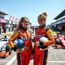 Two female Formula 2 pilots smiling and greeting each other in the paddock, wearing colorful racing suits with their helmets tucked under their arms