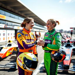 Two female Formula 2 pilots smiling and greeting each other in the paddock, wearing colorful racing suits with their helmets tucked under their arms