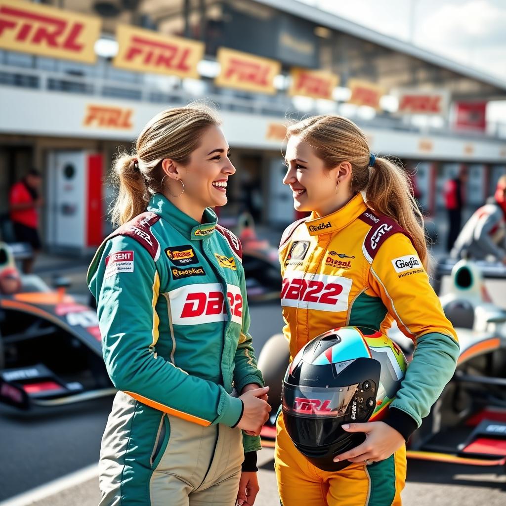 Two female Formula 2 pilots smiling and greeting each other in the paddock, wearing colorful racing suits with their helmets tucked under their arms