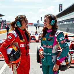 Two female Formula 2 pilots smiling and greeting each other in the paddock, wearing colorful racing suits with their helmets tucked under their arms