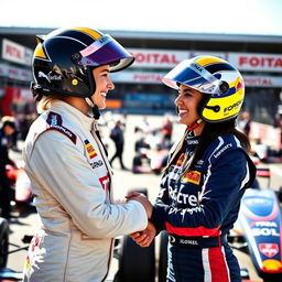Two female Formula 2 racing pilots, both wearing colorful helmets and racing suits, are smiling and giving each other a warm handshake in the pit lane of a racetrack